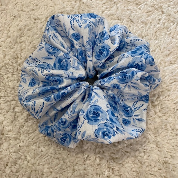 Floral Hair Scrunchie. Blue/White . XL. Cottagecore. Spring. Easter. Summer - Picture 2 of 6